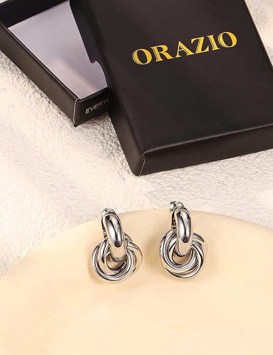 ORAZIO Chunky Gold Plated Knot Earrings for Womens Trendy 925 Silver Statement Lightweight Dangle Drop Hypoallergenic Large Geometric Stud Earring Jewelry for Women