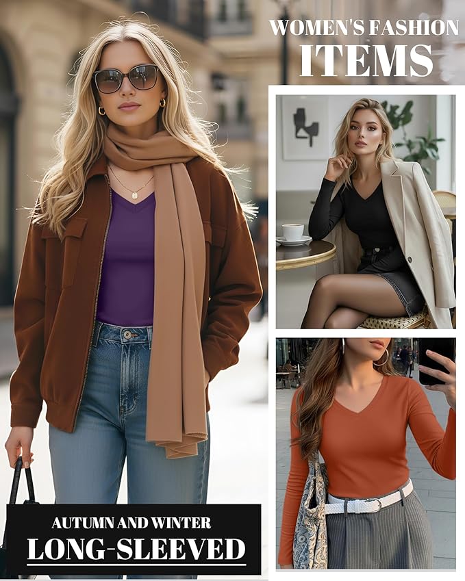 Ficerd 3 Pack Women's Long Sleeve Shirts, V Neck Basic Tees Slim Fitted Casual Fall Tops Going Out Blouses T Shirts