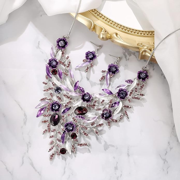 BriLove Wedding Bridal Leaf Cluster Jewelry Set for Women Crystal Flower Enamel Statement Necklace Dangle Earrings