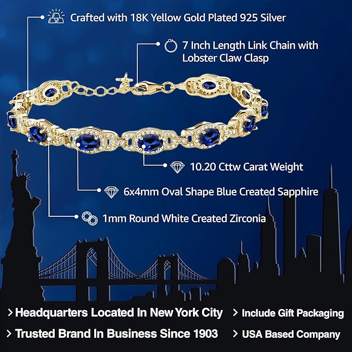 Gem Stone King 18K Yellow Gold Plated Silver Oval Gemstone Birthstone Tennis Bracelet For Women | Oval 6X4MM | 7 Inch With 1 Inch Extender | Fine Jewelry Gifts for Her Mom Women Wife
