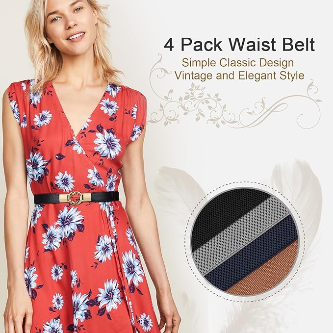 WERFORU Women Skinny Belt for Dresses Retro Stretch Waist Belt with Gold Buckle Set of 4
