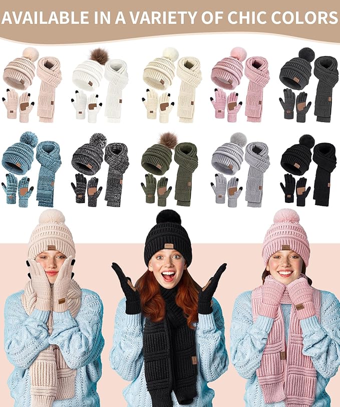Remifa Winter Beanie Hat Scarf Gloves Set for Women, Slouchy Pom Pom Hat Long Knit Scarf Touchscreen Gloves Christmas Gifts
