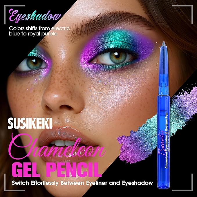 Chameleon Metallic Eyeshadow & Eyeliner Gel Pencil – Multichrome Shifting Colors Glitter Eye Makeup, Waterproof Long-Lasting Smudge-Proof Duochrome Pencil (Teal Green to Rose Magenta)