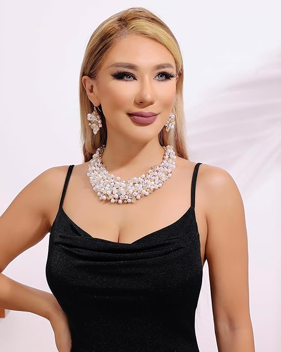 Bocar Fashion Crystal Chunky Collar Statement Necklace Earring Set for Women Gift (NK-10260)