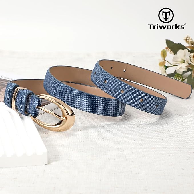 TRIWORKS Women Leather Belt for Jeans Pants Fashion Ladies Skinny Faux Leather Dress belt with Gold Buckle