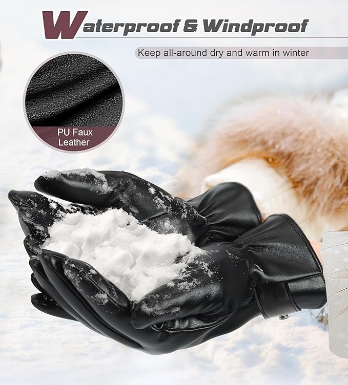 Aegend Winter Gloves Women, Stylish Crossover Wrist PU Leather Gloves with Warm Materials, Full Hand Touchscreen for Phone & Tablet, Slim Fit for Driving & Outdoor(Black,S)