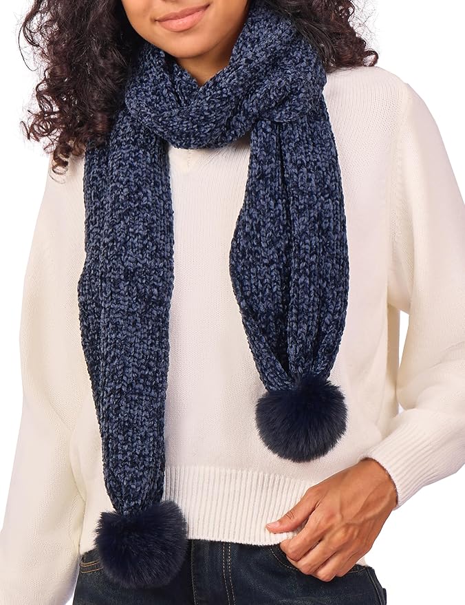 Womens Chenille Scarf with Pompom Winter Knit Warm Scarves for Cold Weather with Gift Box