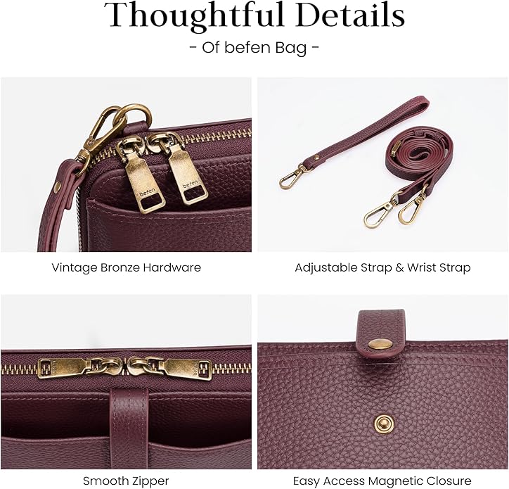 befen Leather Wristlet Wallet for Women Cell Phone Purse with Built in Wallet Vintage Leather Crossdody Bag Clutch Purse