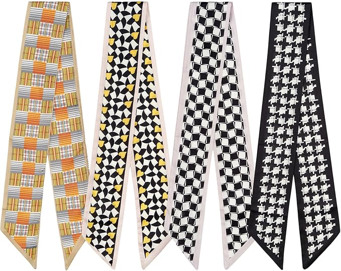 4 Pack Purse Scarf Handbags Skinny Twill Hair Scarves Narrow Neck Scarf Band Women Fashion Accessories Bag Charms