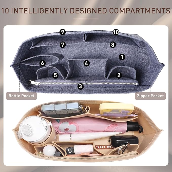 Doxo Purse Organizer Insert Handbag&Tote Felt with Bag Fits for Speedy and Neverfull & Base Shaper 2pc Set (Large- Gray-Combination)