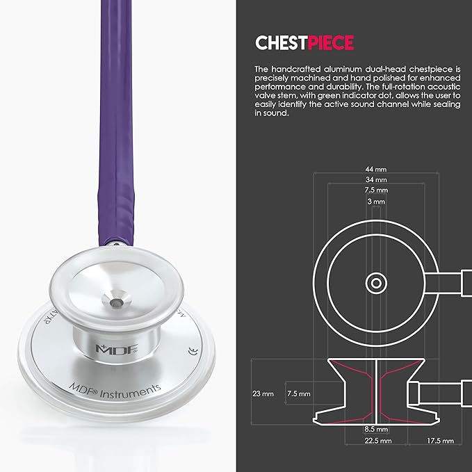MDF Instruments, Acoustica Lightweight Stethoscope for Doctors, Nurses, Students, Home Health Use, Adult, Dual Head, Purple Tube, Silver Chestpiece-Headset, MDF747XP08