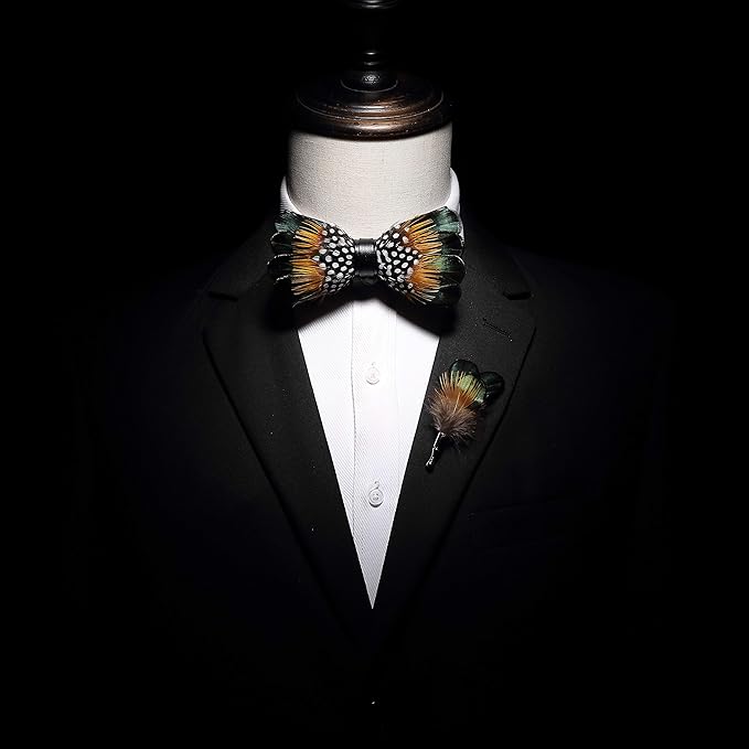 RBOCOTT Handmade Feather Pre-tied Bow tie and Brooch Sets for Men
