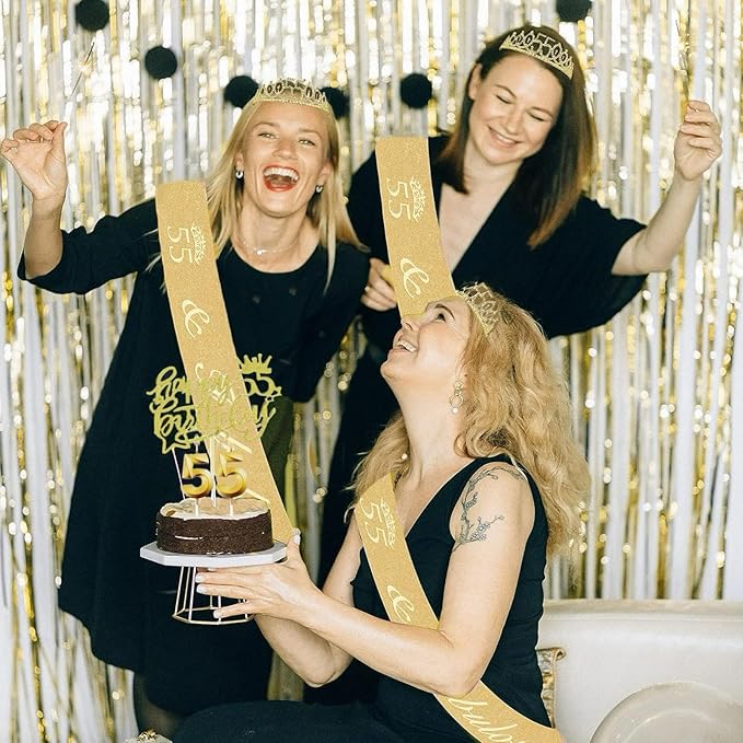 55th Birthday Decorations for Her Girls Set, Include 55th Birthday Crown and 55 Sash, 55th Birthday Cake Topper and 55 Birthday Candles, Gold 55 Balloons, Women 55th Party Supplies(Gold)