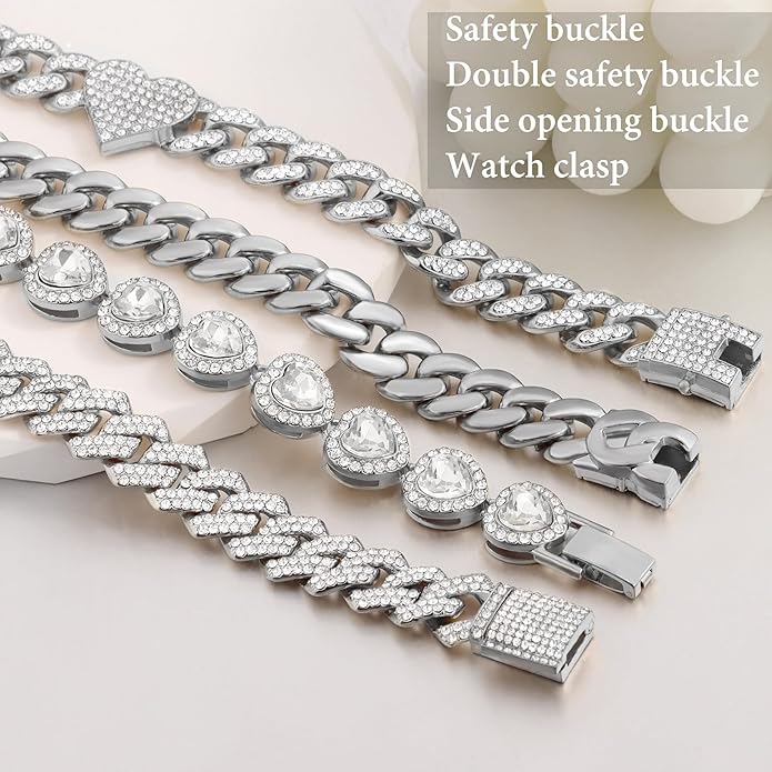 4PCS Gold Bracelets for Women Silver Clustered Tennis Bracelet for Women Heart Round Diamond Cuban Bracelet Layered Link Bracelet Set Fashion Jewelry for Women Set