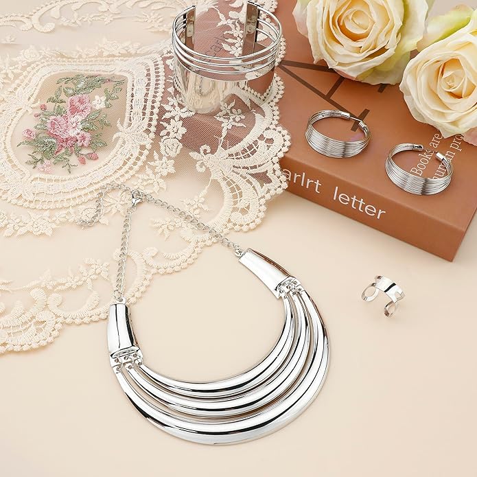 JOERICA Bib Choker Necklace Silver Gold Jewelry Set Wide Cuff Bangle Bracelet Open Hoop Earrings Adjustable Ring Chunky Silver Gold Statement Costume Jewelry Set for Women