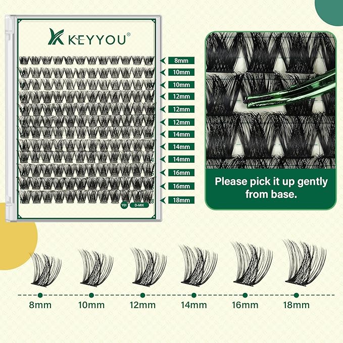 DIY Lash Extension Kit 144pcs 8-18MIX Lash Clusters with Super Hold Mascara Brush Bond and Seal Lash Remover Lash Applicators Lash Brush for KEYYOU DIY Lash Kit (Y10 Kit)
