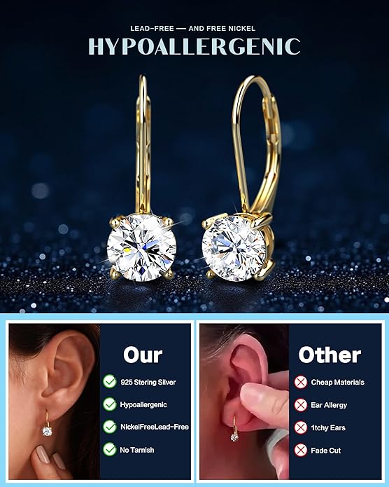 Moissanite Earrings,1.0ct-2.0ct D Color Brilliant Round Cut Earring 18K White Gold Plated Sterling Silver Dangle Earrings Moissanite Leverback Drop Earring s