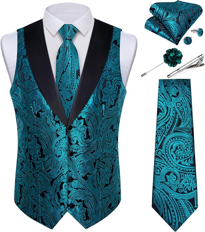 DiBanGu Mens Paisley Suit Vest Silk Jacquard Waistcoat and Necktie Set Formal Shawl Collar Dress Vest 7PCS for Wedding Party