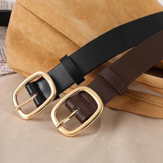 WHIPPY Women Leather Belt Casual Fashion Gold Buckle Leather Waist Belt for Jeans Pants Dresses Chic Ladies Belt