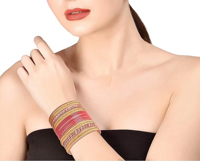 Touchstone Indian Metal Bangles for Women Gold Alloy Bracelets desi 2 Dozen Bangle Collection Bollywood Women's Jewelry Set Multi Stacking Wide Chunky Textured Golden Set of 24 in Gold or White Tone
