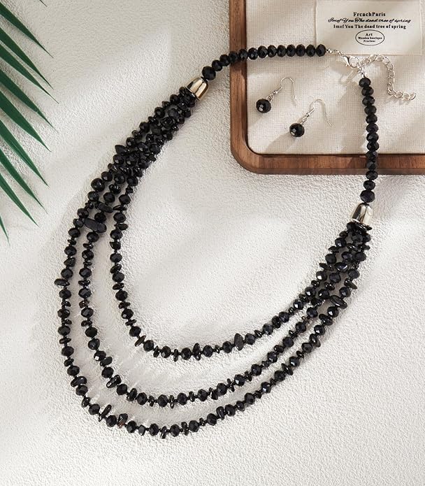 Layered Beaded Statement Necklace Multi Strand Crystal Beads Collar Necklace and Earring Sets for Women Fashion Costume Jewelry Set Gifts for Her