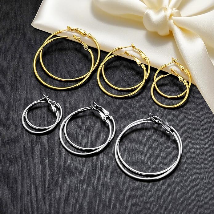 4/5/6 Pairs Stainless Steel 30/40/50/60/70 mm Silver 14K Gold Hoop Earrings for Women Hypoallergenic Big Thin Lightweight Dangle Set