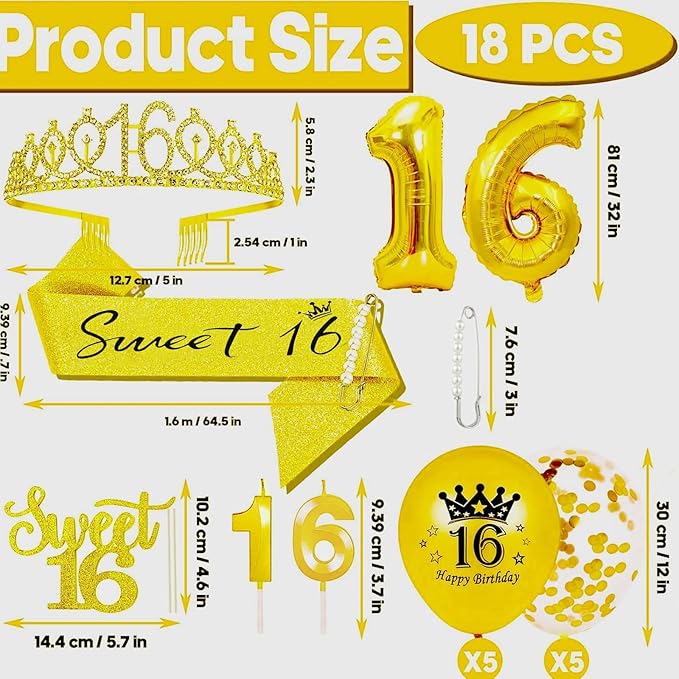 16th Birthday Decorations for Her Girls Set, Include 16th Birthday Crown and 16 Sash, 16th Birthday Cake Topper and 16 Birthday Candles, Gold 16 Balloons, Women 16th Party Supplies(Gold)