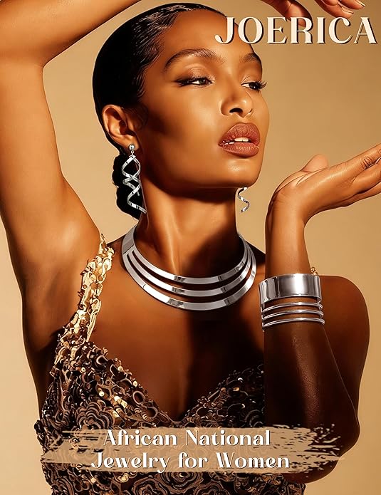 JOERICA Bib Choker Necklace Set for Women Wide Cuff Bangle Bracelets Long Statement Dangle Earrings African Costume Jewelry Set