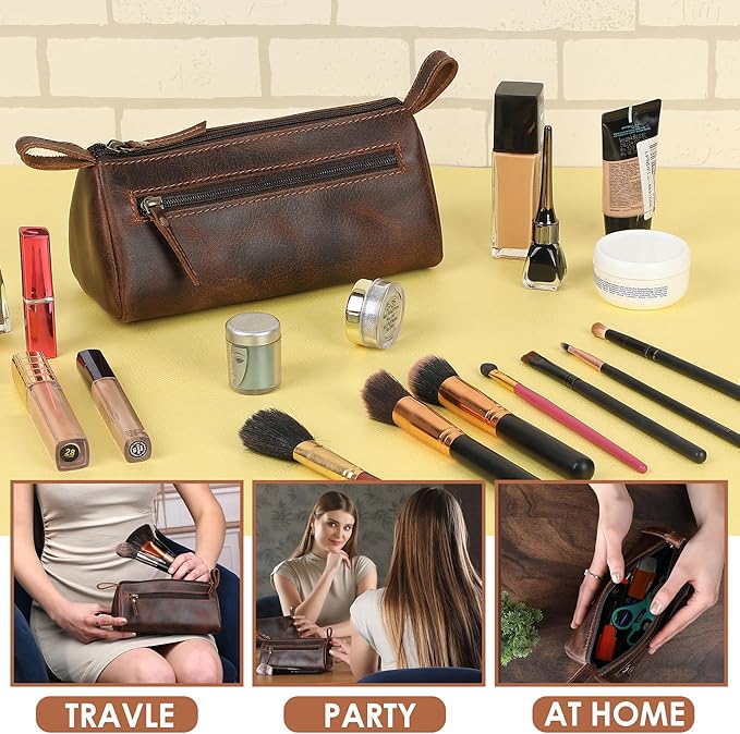 Brown Leather Cosmetic Bags for Women Travel Cosmetic Cases - Multipurpose Zippered Makeup Bag, Small leather Cosmetic Case for Purse - Genuine Leather Makeup Bag Handmade Makeup Pouch