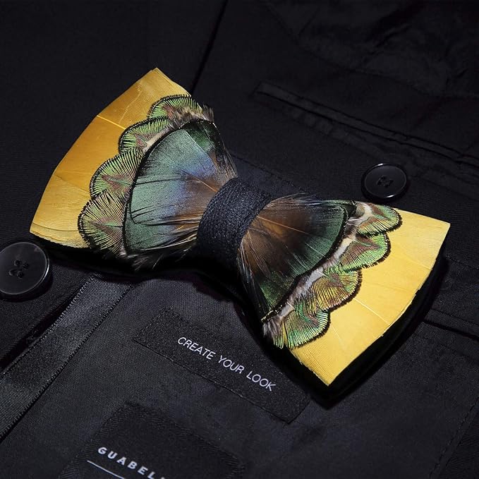 RBOCOTT Handmade Feather Pre-tied Bow tie and Brooch Sets for Men