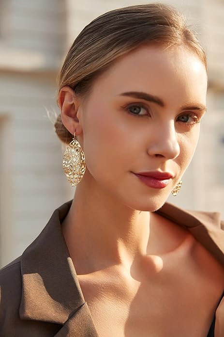 Large Gold Earrings for Women, Chunky Gold Statement Drop Dangle Earring Maple Leave Ginko Leaf Jewelry Gifts