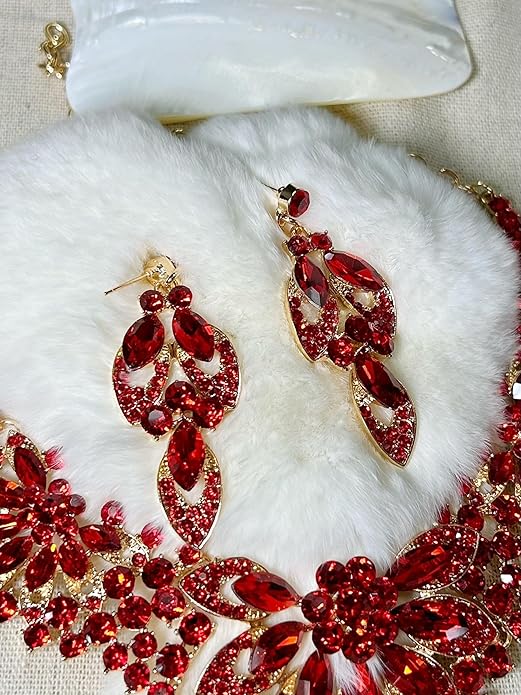 Women Jewelry Set Rhinestone Crystal Green Bride Statement Choker Necklace Teardrop Cluster Dangle Earrings Set for Wedding Party