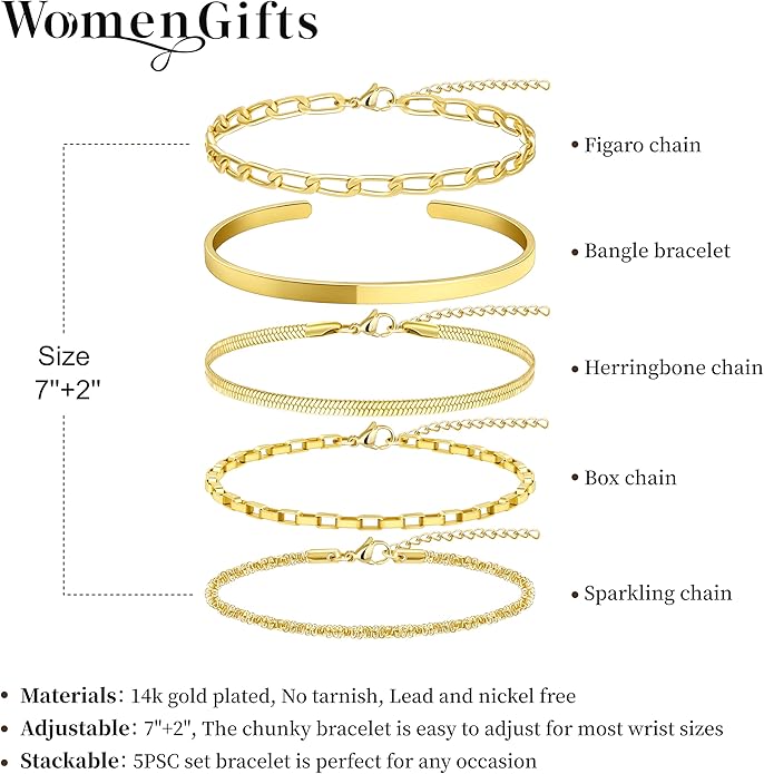 Dainty Thin Gold Bracelet for Women Stack, 14K Gold Plated Bracelet Stackable Set with Bangle Cuff, Box, Herringbone, Paperclip, Figaro, Sparkling Link Chains, Simple Waterproof Non Tarnish Minimalist Gifts for Women Trendy