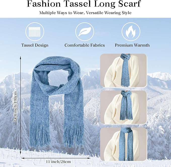Winter Warm Beanie Hat Touchscreen Gloves Long Scarf Set for Women with Headband, Knit Cap Scarves with Tassel for Women