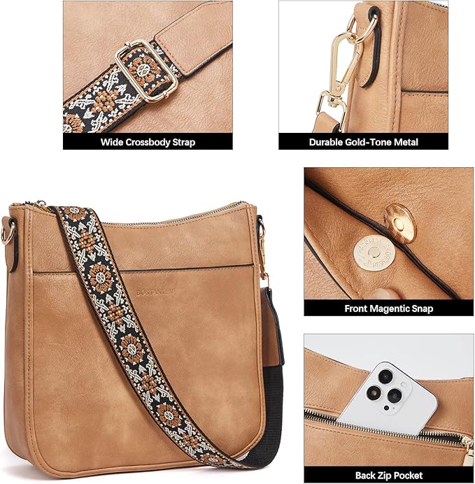 BOSTANTEN Crossbody Bags for Women Trendy Vegan Leather Hobo Purses Shoulder Handbags With Wide Shoulder Strap