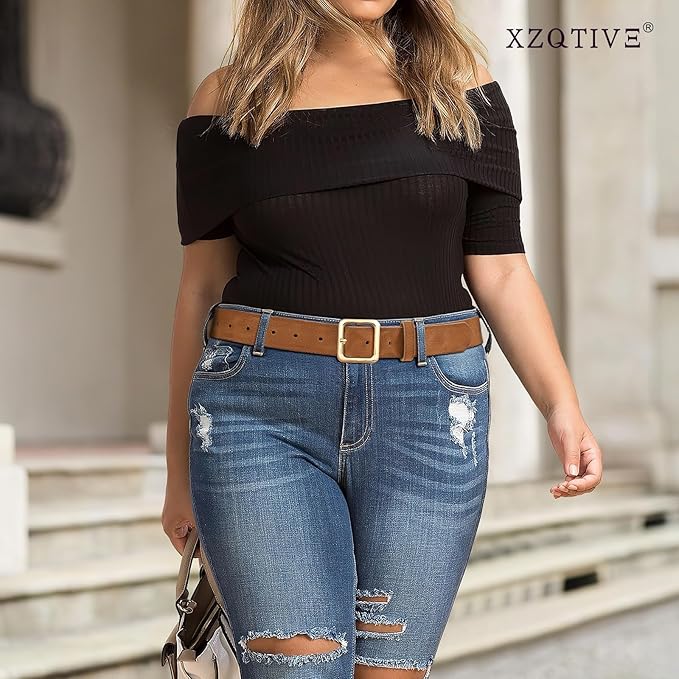XZQTIVE Women’s Suede Belt for Jeans Pants Dresses Fashion Ladies Dark Brown Belt with Gold Buckle