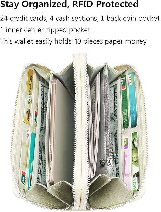 YALUXE Real Leather Zip Around Wallet RFID Blocking Wristlet Handbag Purse Clutch with Double Zipper Pockets