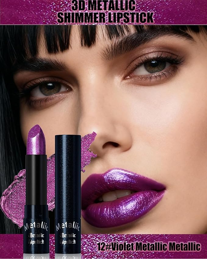 Glitter Metallic Lipstick Shimmer Lip Stick Long Lasting,Dark Purple Diamond Cream Shimmer Tinted Lip Gloss High Pigmented,Metallic Matte Red Lipcolor Stain Women Christmas Non Stick Lips Makeup-12