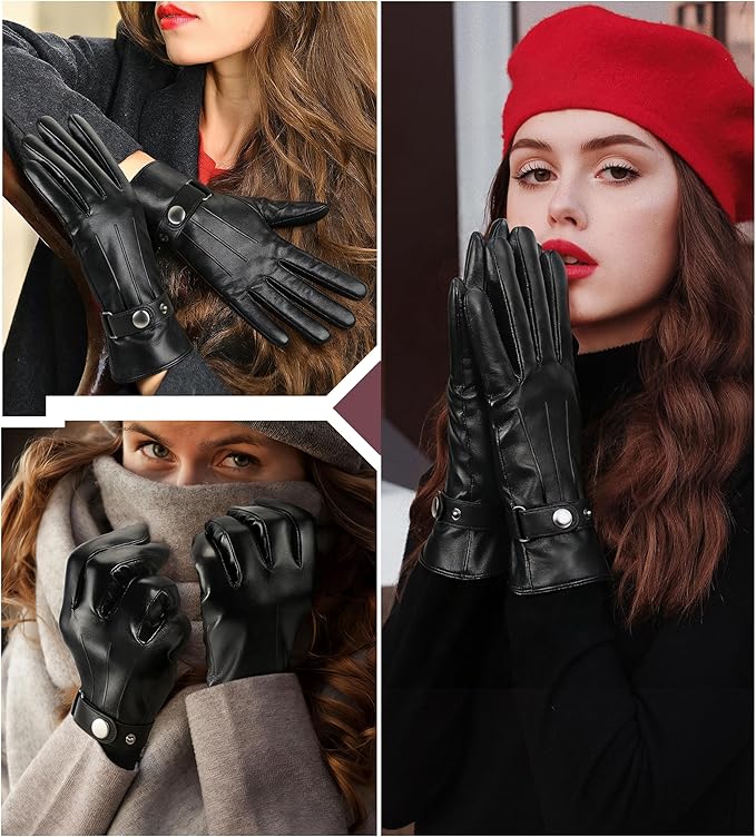 Aegend Winter Gloves Women, Stylish Crossover Wrist PU Leather Gloves with Warm Materials, Full Hand Touchscreen for Phone & Tablet, Slim Fit for Driving & Outdoor(Black,S)