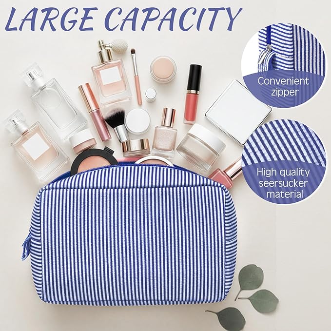 Sanwuta 3 Pcs Seersucker Makeup Bags Seersucker Cosmetic Bags Striped Women Large Travel Toiletry Organizer Preppy Storage Pouch for Embroidery Wedding Bridesmaid Gifts(Navy Blue)