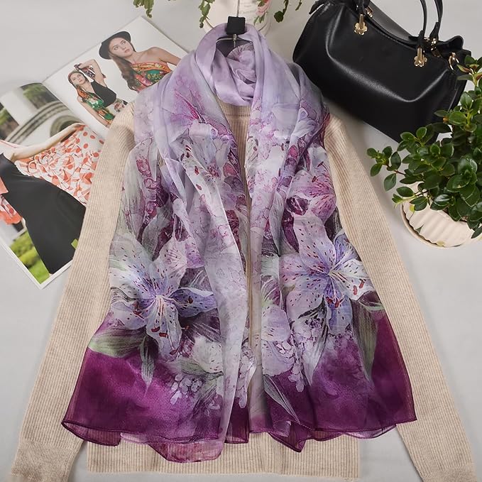 100% Mulberry Silk Women's Neck Silk Scarf-Lightweight Shawl,FLoral Print Beach Silk Wrap-Scarves for Photography