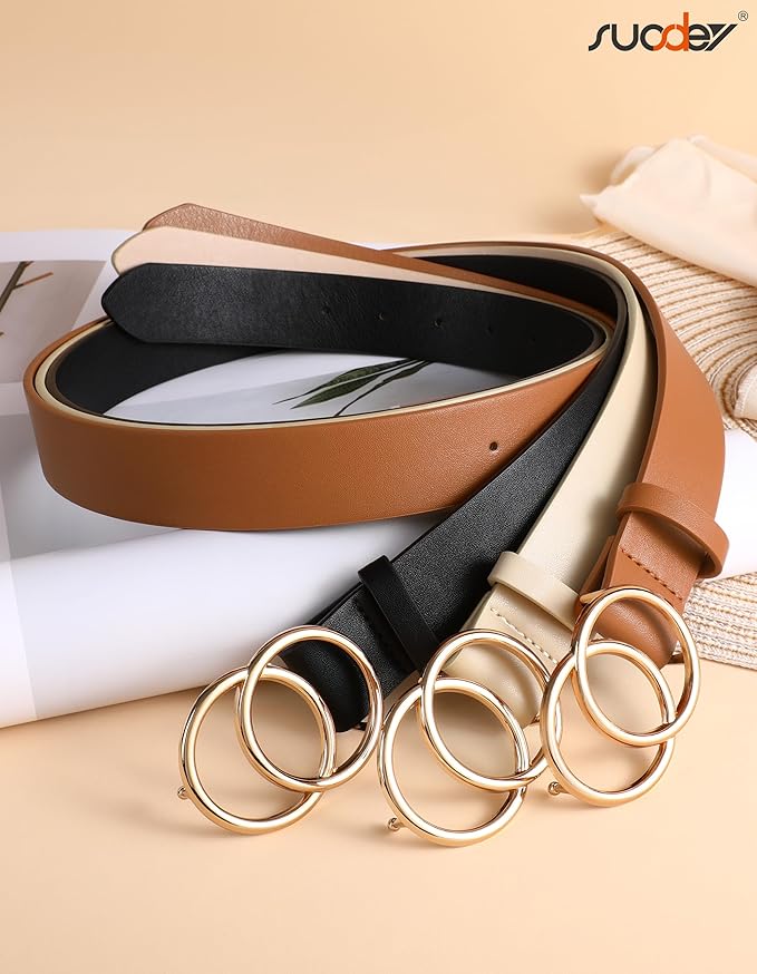 SUOSDEY Women Leather Belt Fashion Double O-Ring Soft Faux Leather Waist Belts For Jeans Dress
