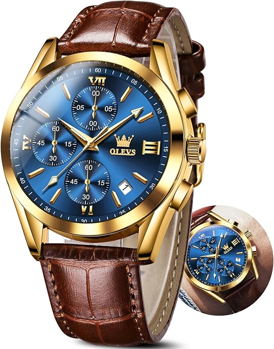 OLEVS Men's Watches Brown Leather with Date,Casual Watches for Men,Large Face Watches Men,Chronograph Mens Watch,Sport Waterproof Business Dress Analog Quartz Men's Wrist Watches Reloj De Hombre