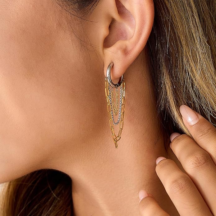 Tassel Chain Hoop Earrings for Women Trendy Two Tone Dangling Chain Earrings Hypoallergenic Fashion Jewelry Gifts