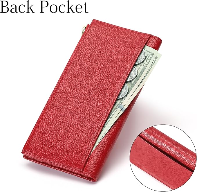 Slim Blue Wallet for Women, RFID Blocking Genuine Leather Bifold with Secure Zippered Coin Pocket (Red)