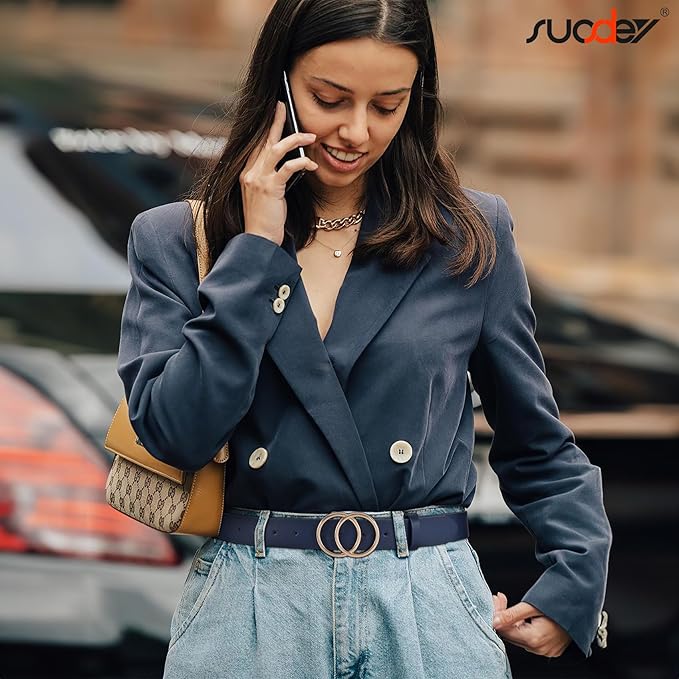 SUOSDEY Women Leather Belt Fashion Double O-Ring Soft Faux Leather Waist Belts For Jeans Dress