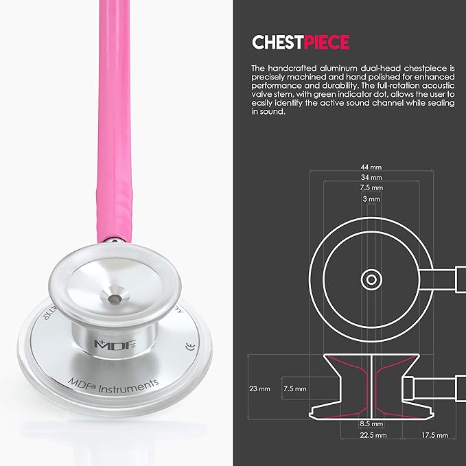 MDF Instruments, Acoustica Lightweight Stethoscope for Doctors, Nurses, Students, Home Health Use, Adult, Dual Head, Fuchsia Tube, Silver Chestpiece-Headset, MDF747XP32