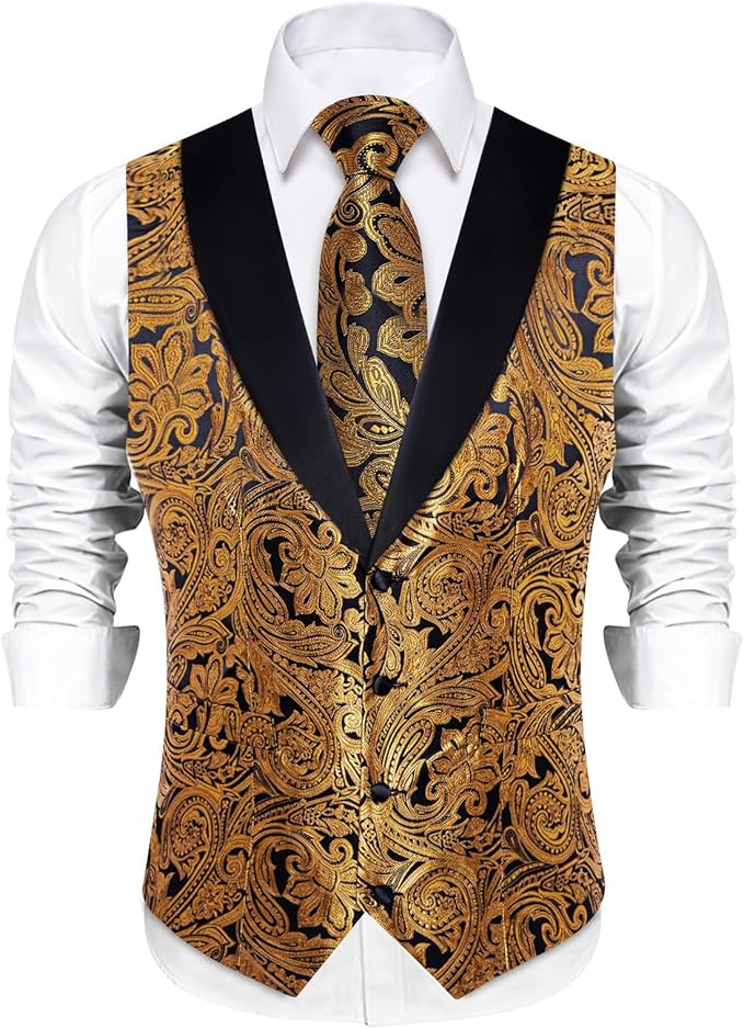 DiBanGu Mens Paisley Suit Vest Silk Jacquard Waistcoat and Necktie Set Formal Shawl Collar Dress Vest 7PCS for Wedding Party