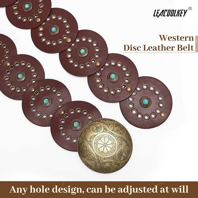LEACOOLKEY Women's Boho Disc Belt Wide Western Leather Belt Vintage Concho Waist Belts for Dress Jeans