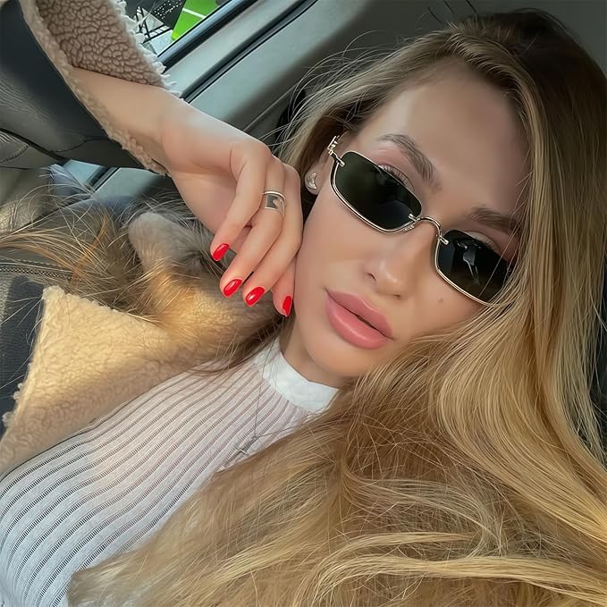 Retro Y2k Sunglasses for Women Men,Trendy Semi-Rimless Sun Glasses Irregular Narrow Gold Sunnies UV400